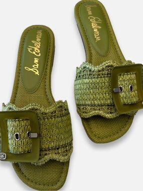 Sam Edelman Olive Green Raffia Buckle Slide Sandals